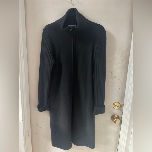 White + Warren Black 100% Wool Zipper Down Cardigan Sweater Dress Ribbed L/S L - Picture 1 of 7
